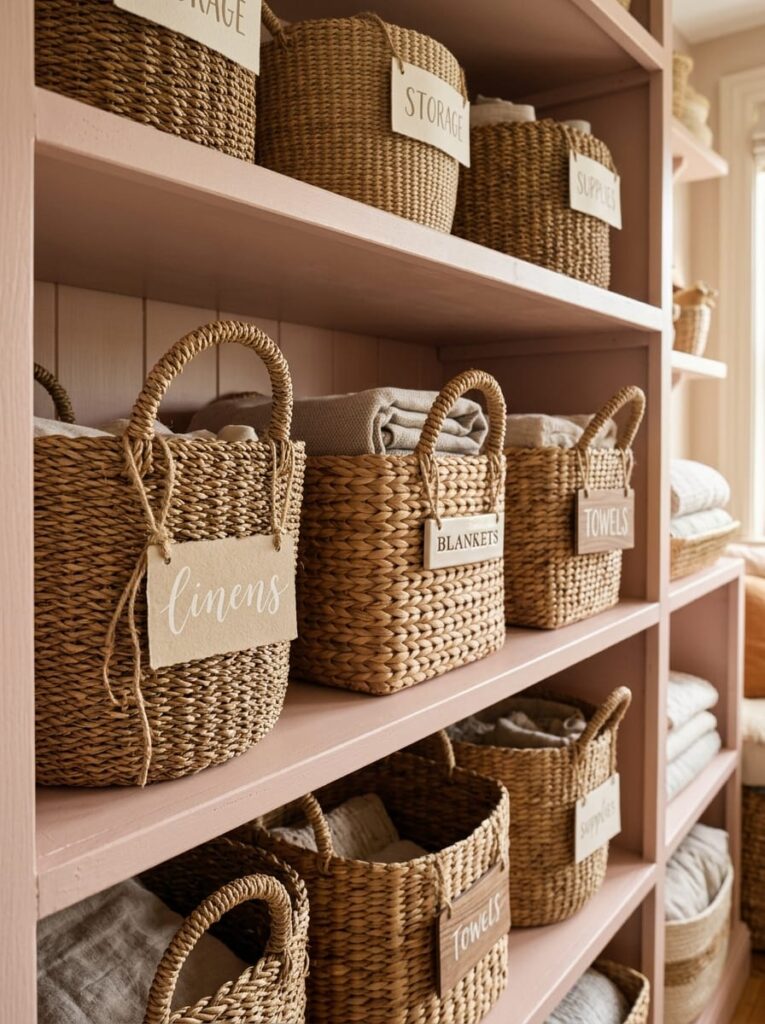 Labeled woven storage baskets neatly arranged on pink wooden shelves for scarves and linens.
