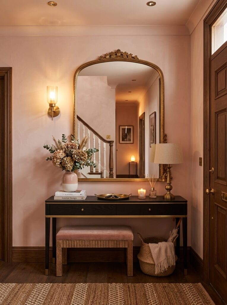 Large gold arched mirror mounted above a black console table in a small entryway hall.