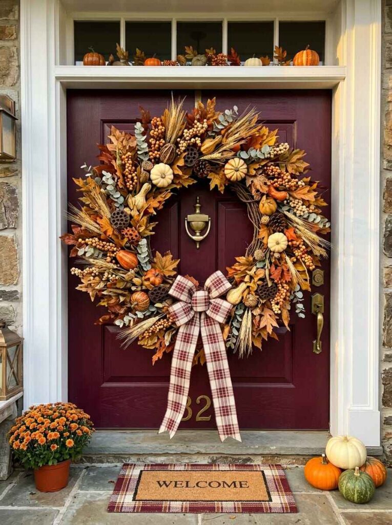 Large autumn wreath with dried leaves, mini pumpkins, and a plaid bow hung on a burgundy front door above a welcome mat.