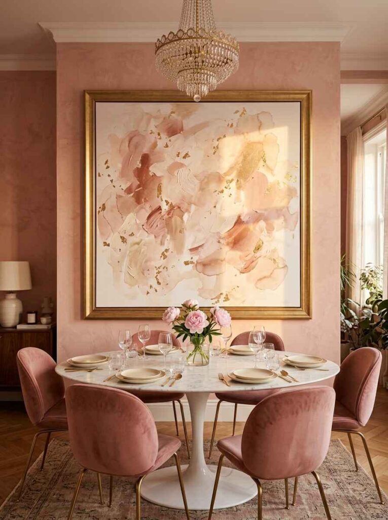 Oversized framed blush abstract artwork mounted on a textured pink wall above a round marble dining table.