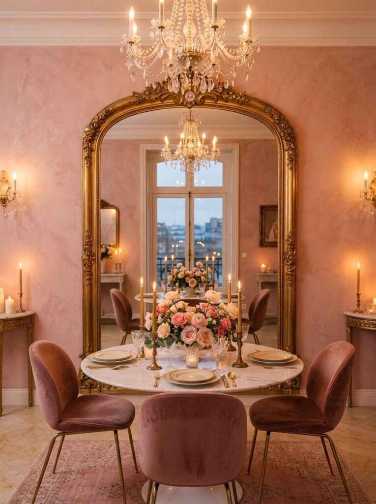 Large gold floor-to-ceiling arched mirror reflecting a marble round dining table and chandelier.