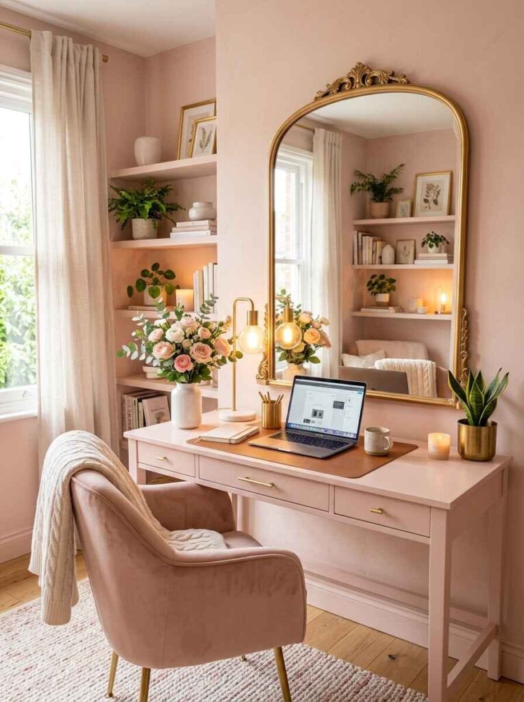 Large gold ornate arched mirror placed behind a blush pink desk with warm table lamp and built-in shelving.