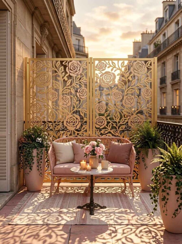 Decorative gold laser-cut floral metal privacy screen mounted behind a woven bench on a city balcony.