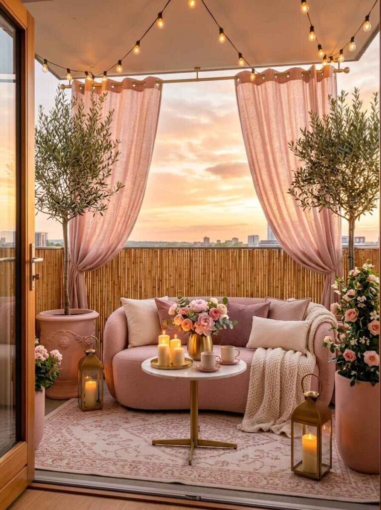 Cozy apartment balcony combining a bamboo screen, pink outdoor curtains, potted olive trees, and warm lanterns for privacy.