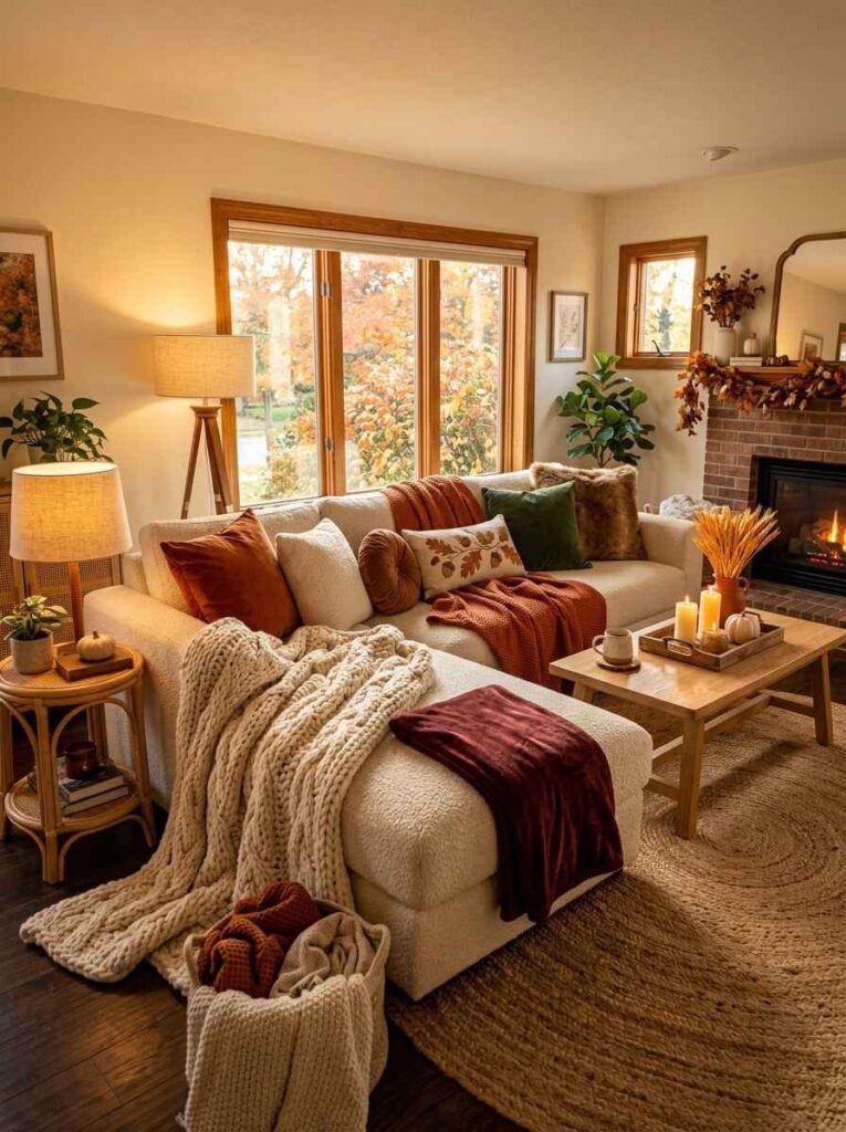 Inviting living room layering cozy fall textures with a bouclé sectional, knit blankets, velvet pillows, glowing lamps, and fireplace.