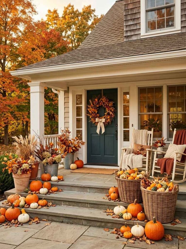 Cozy front porch decorated with white rocking chairs, woven wicker baskets overflowing with pumpkins and gourds, and dried floral planters.