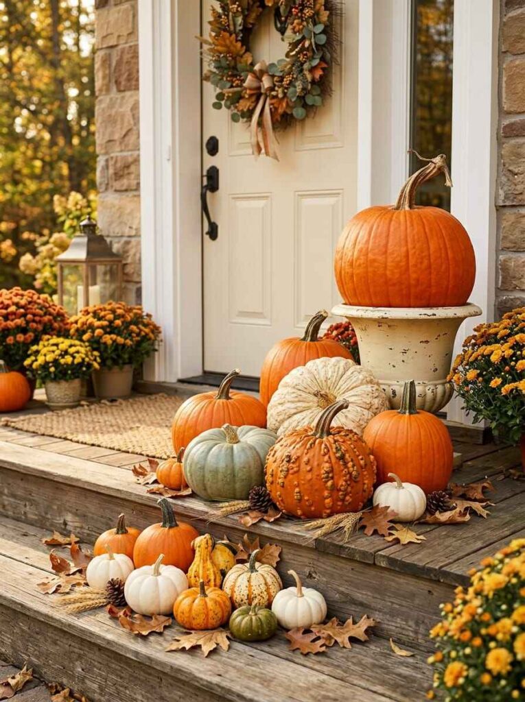 Tiered wooden porch steps displaying layered orange and heirloom pumpkins, potted yellow mums, and an autumn door wreath.