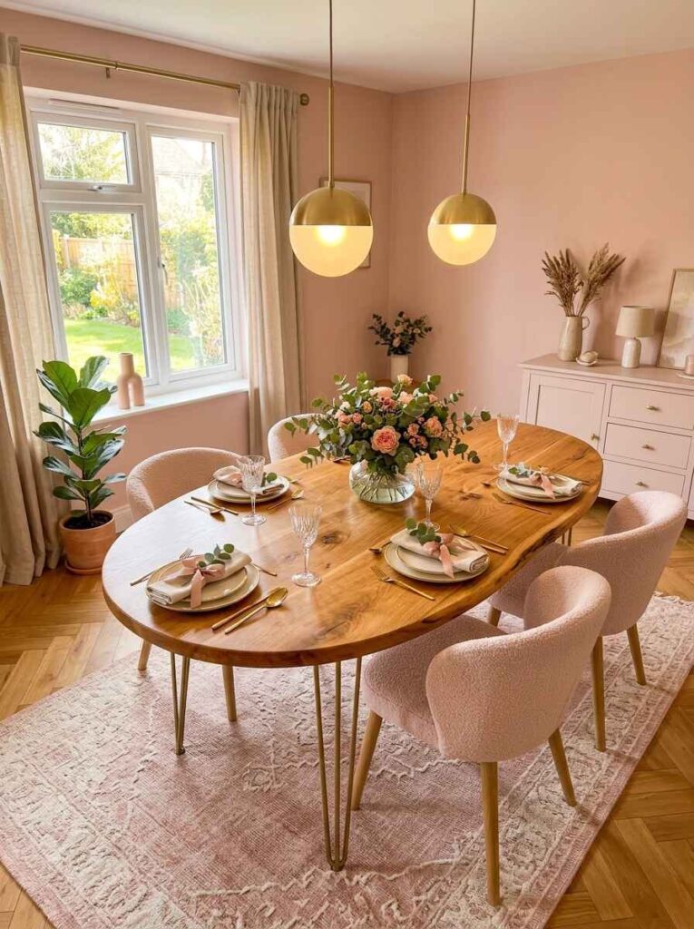 Dining room layering warm textures with an oval wood table, bouclé chairs, gold pendant lights, and a patterned rug.