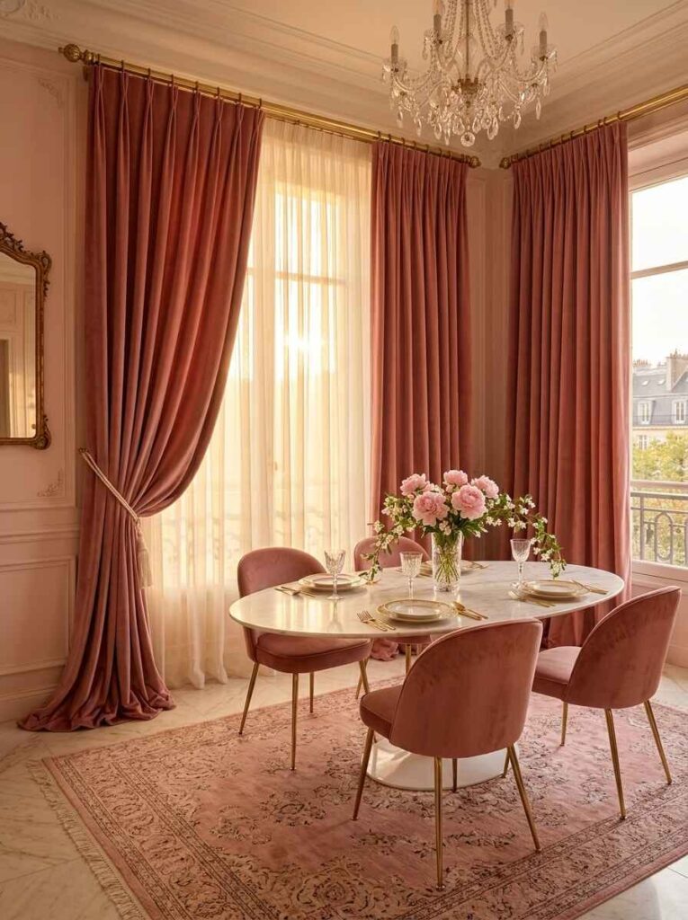 Floor-to-ceiling pink velvet curtains draped over sheer white linen panels in a dining room.