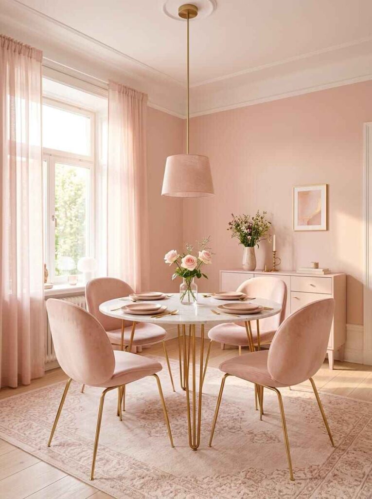 Cozy small dining area styled with soft pink walls, round marble table, and light linen drapes.