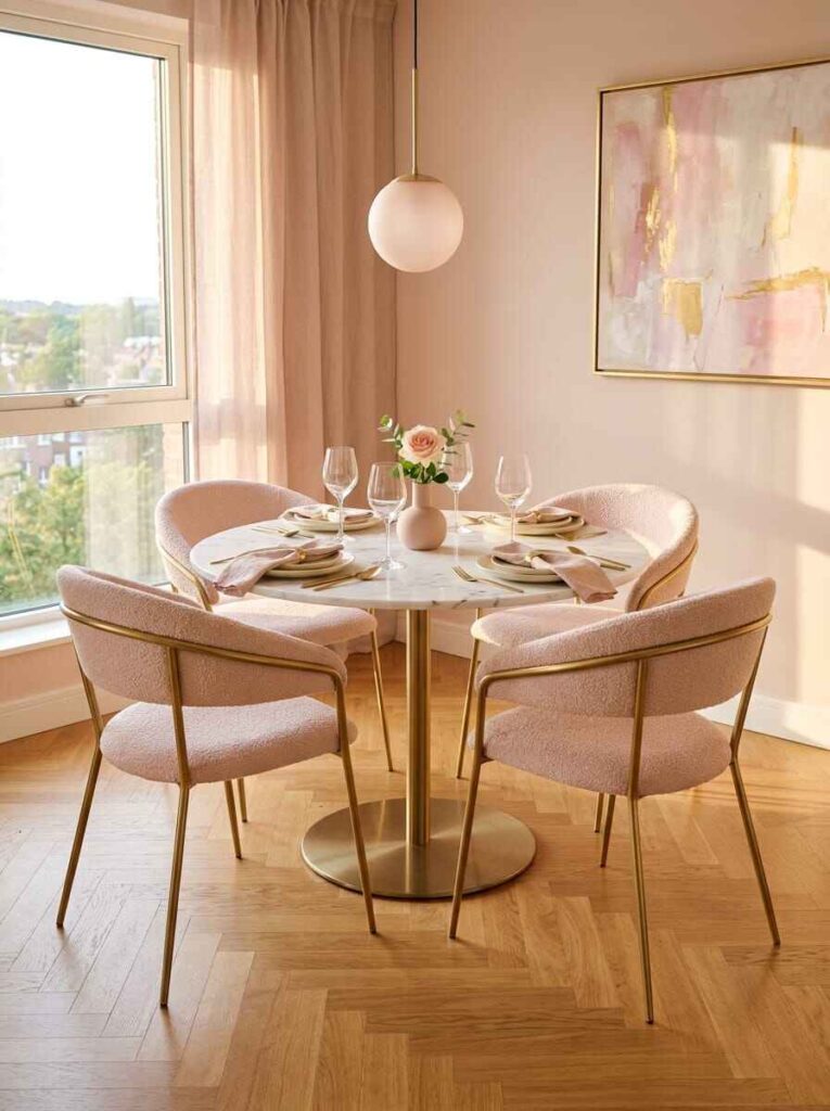 Lightweight pink bouclé dining chairs with open brass legs around a compact marble bistro table.