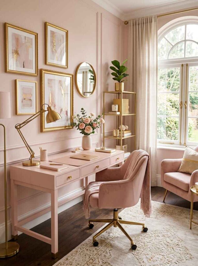 Luxury home office with blush pink desk, tufted velvet swivel chair, gold floor lamp, gold-framed art, and tall bookshelf.