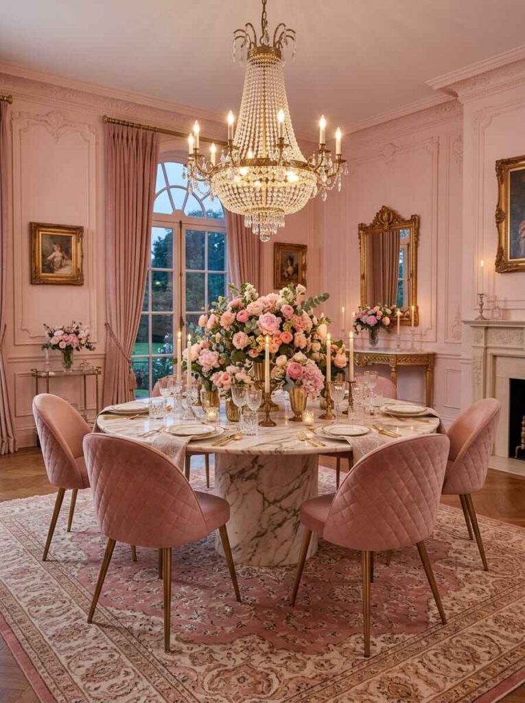 Elegant traditional pink floral rug layered under a round marble dining table with upholstered chairs and crystal chandelier.
