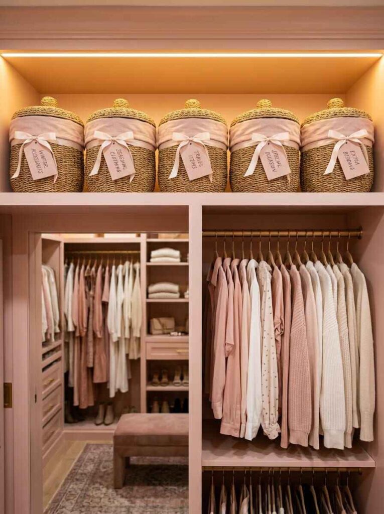 Top closet shelf featuring matching woven storage baskets with custom hanging labels for seasonal items.