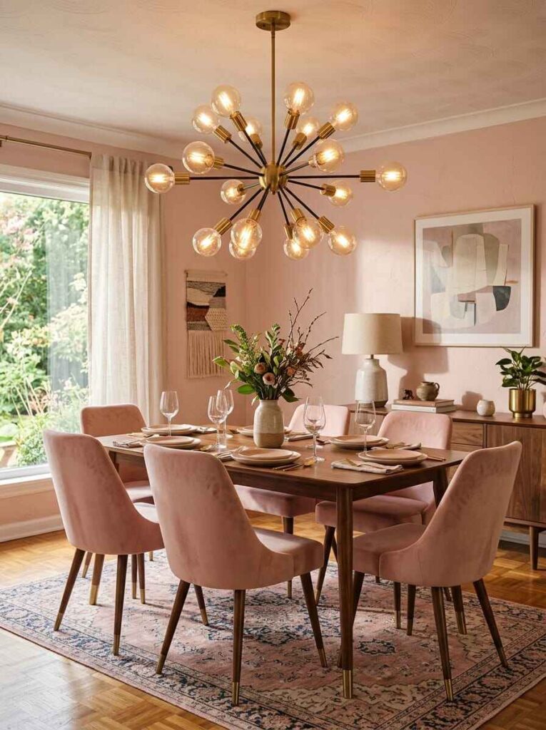 Mid-century modern brass and black sputnik chandelier centered over a dining table with blush pink velvet chairs and parquet floors.