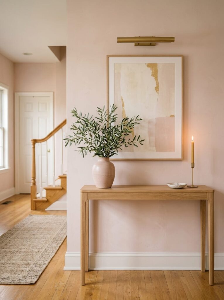 Minimalist entryway styling featuring a simple wooden console table, ceramic vase with branches, and artwork.