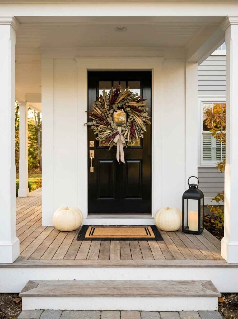 Minimalist fall front porch with a black front door, autumn leaf wreath, two white pumpkins, and a black candle lantern.