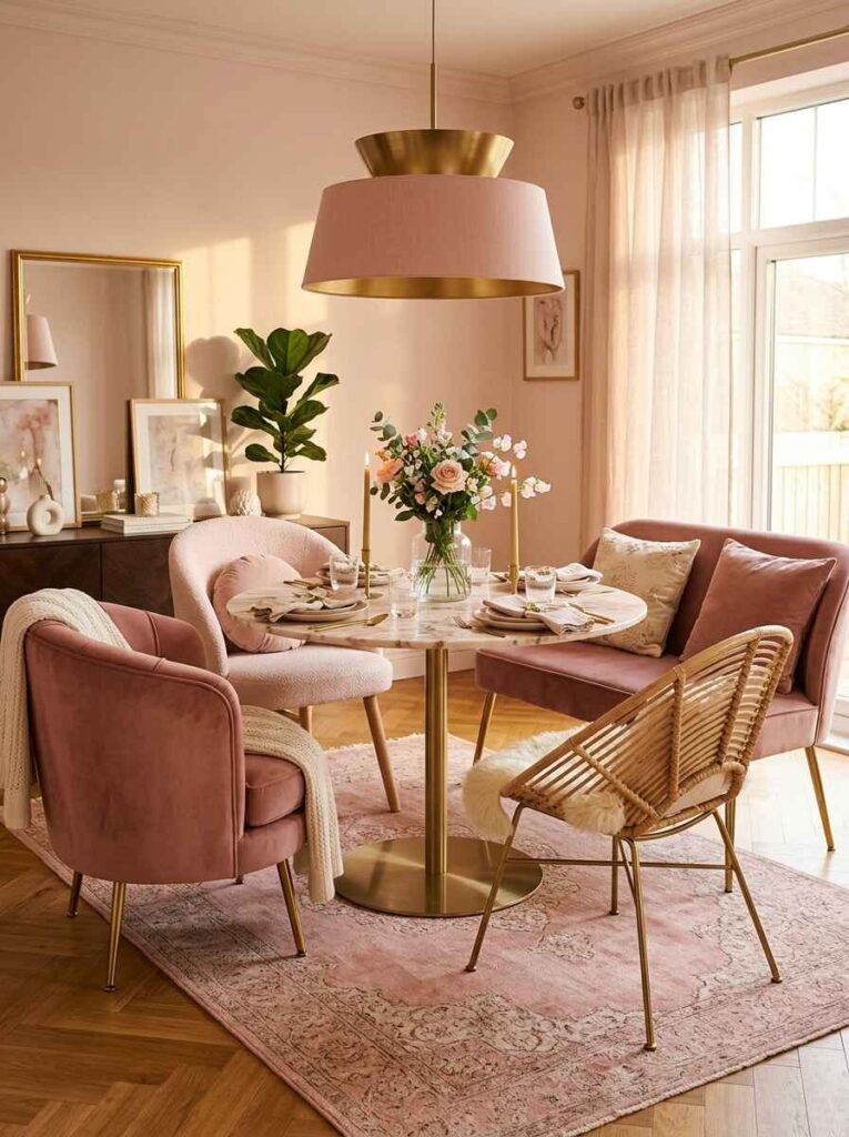 Round marble bistro dining table paired with a mix of velvet armchairs, a loveseat bench, and a rattan chair.