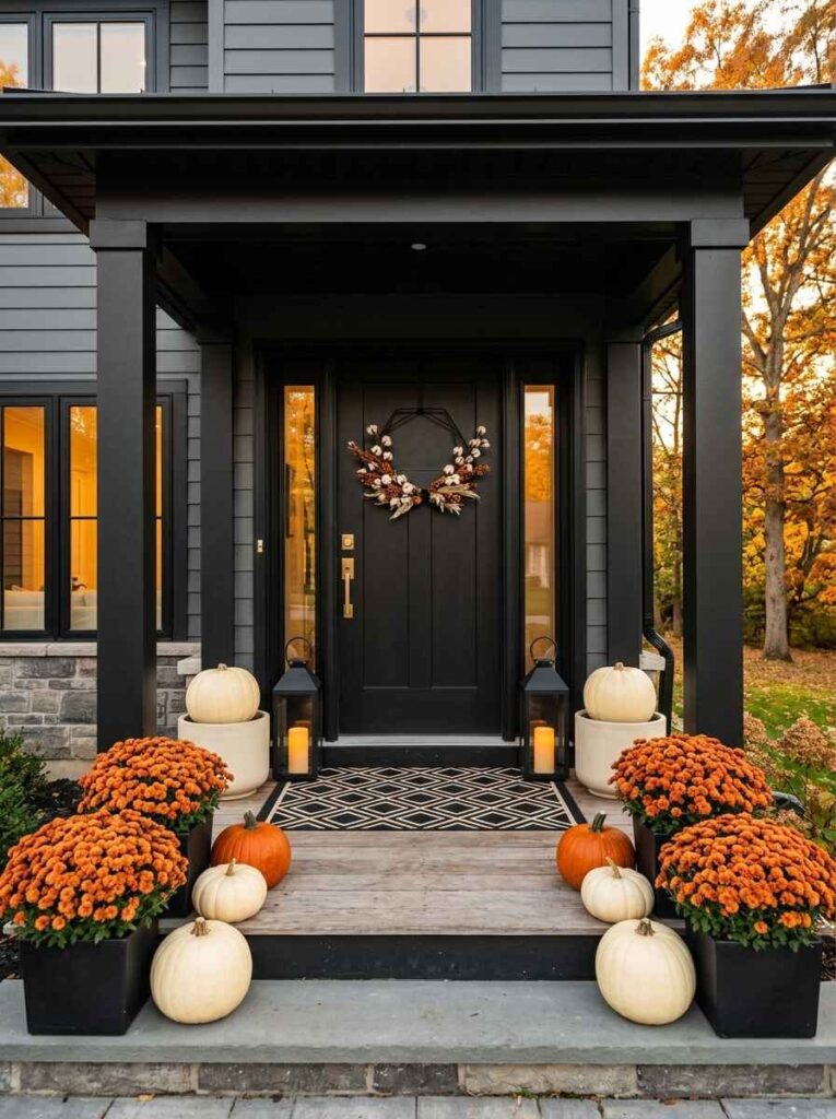 Modern black front porch with square orange mum planters, white and orange pumpkins, modern black lanterns, and a geometric rug.