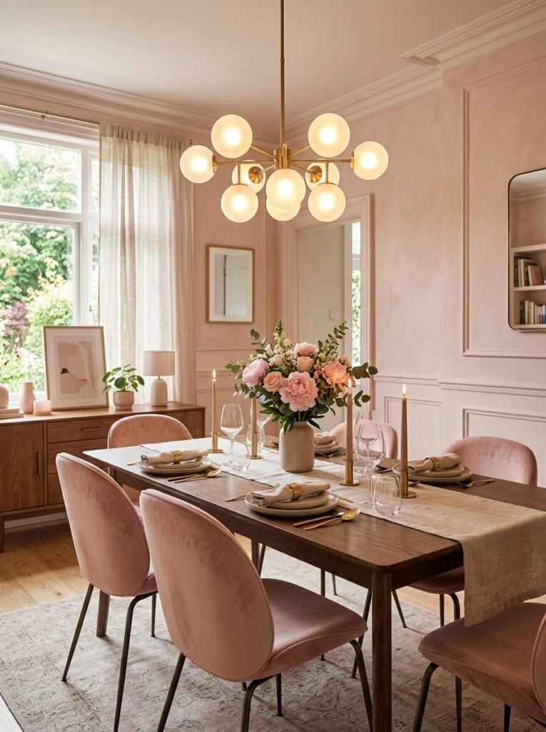 Modern brass globe chandelier hanging over a wooden dining table with blush velvet chairs and pink floral centerpiece.