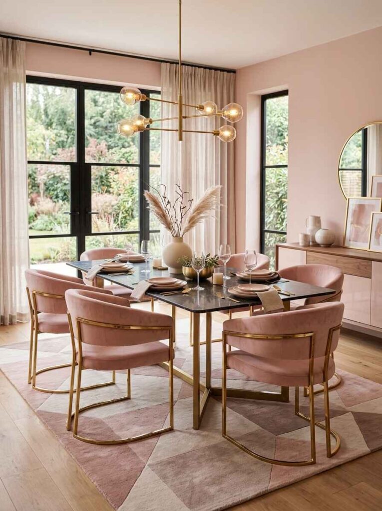Modern geometric pink and cream pattern rug under a black marble dining table with gold-frame velvet chairs.