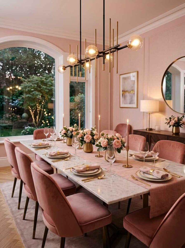 Black and brass modern linear chandelier with glass globes hanging over a long marble dining table set with blush pink accents.