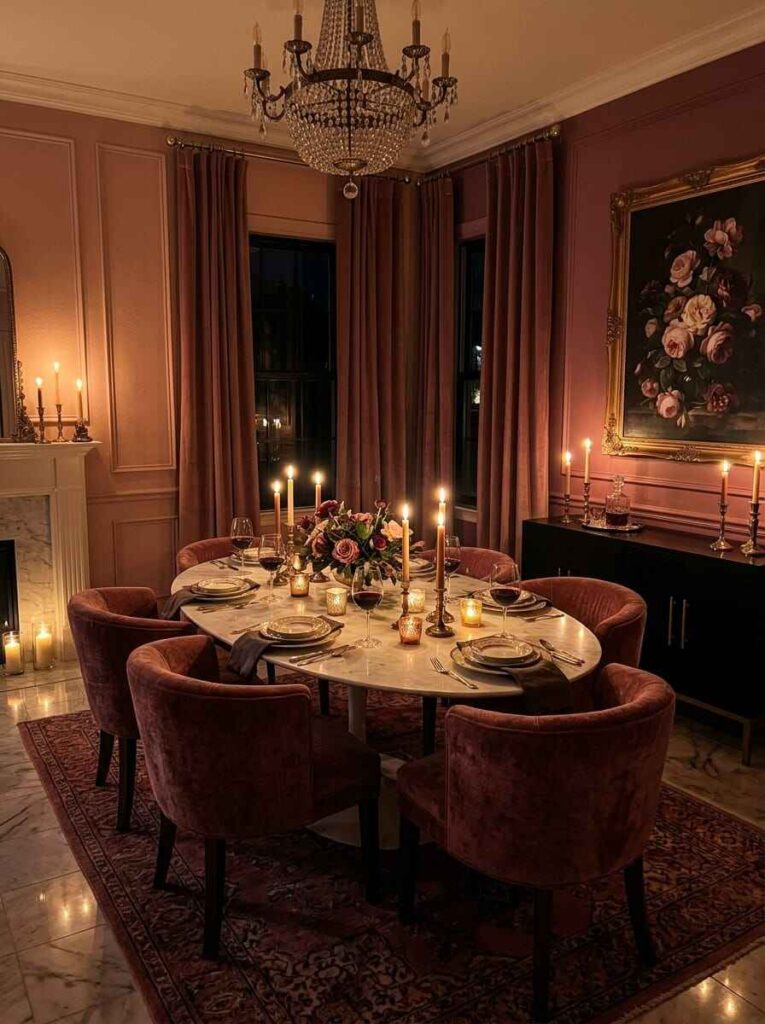 Moody dining room featuring dark pink walls, velvet drapery, crystal chandelier, and glowing tabletop tapers.