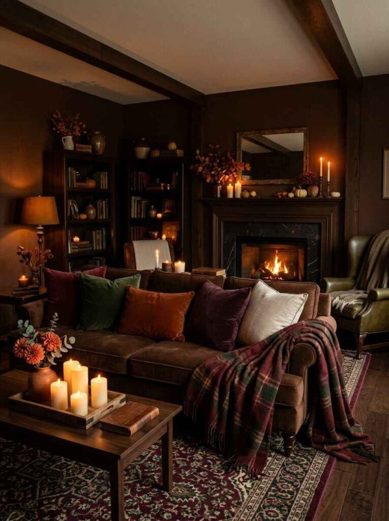 Moody autumn living room with dark chocolate walls, velvet sofa with burgundy and olive pillows, glowing fireplace, and coffee table candles.