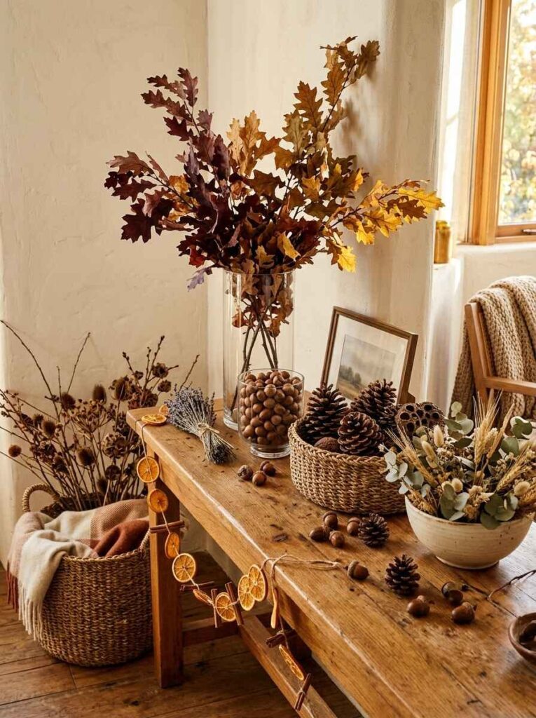 Wooden table decorated with natural fall elements including dried oak branches, pinecones in baskets, acorns, and dried orange garland.