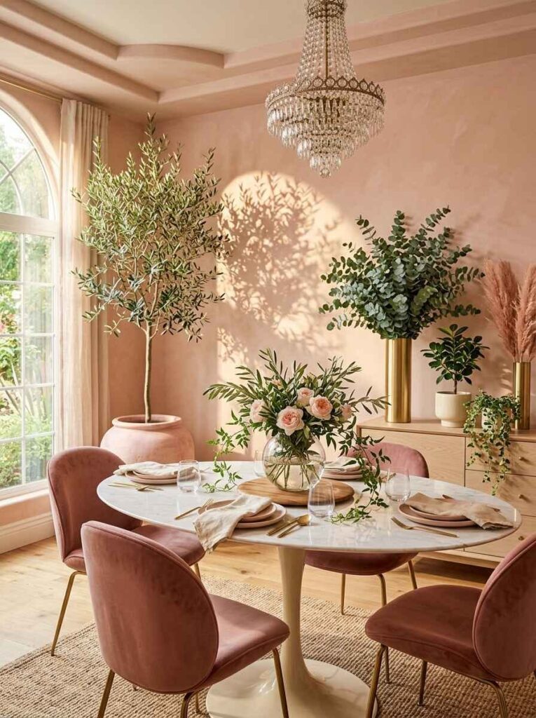 Marble dining table surrounded by natural indoor plants, an olive tree, and eucalyptus arrangements.