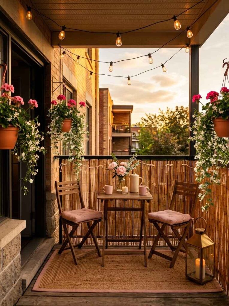 Natural reed fencing wrapped around a balcony railing with string lights, jute rug, and a small bistro set.