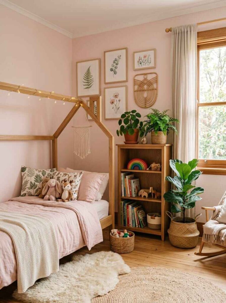Nature-inspired kids room with natural wood house bed frame, botanical wall prints, indoor plants, and round jute rug.