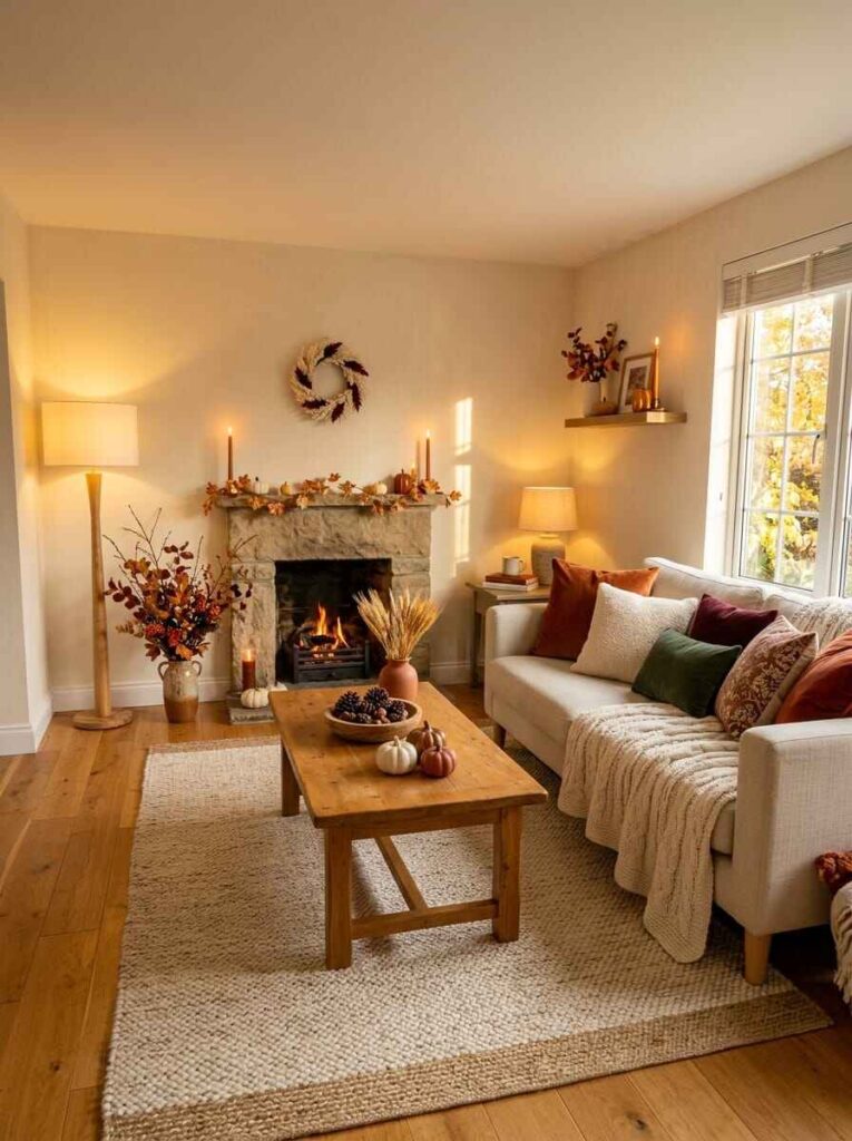 Neutral living room with cream sofa, textured knit throw blanket, stone fireplace, dried wheat arrangement, and soft autumn accents.