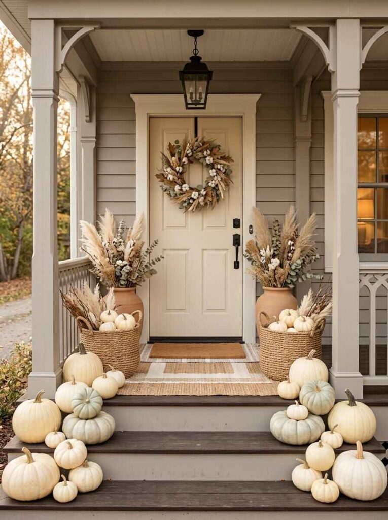 Neutral fall front porch styled with white and heirloom pumpkins on steps, pampas grass vases, and woven baskets.