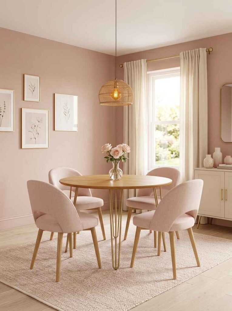 Soft neutral dining area with light pink walls, light wood dining table, linen curtains, and a rattan pendant.