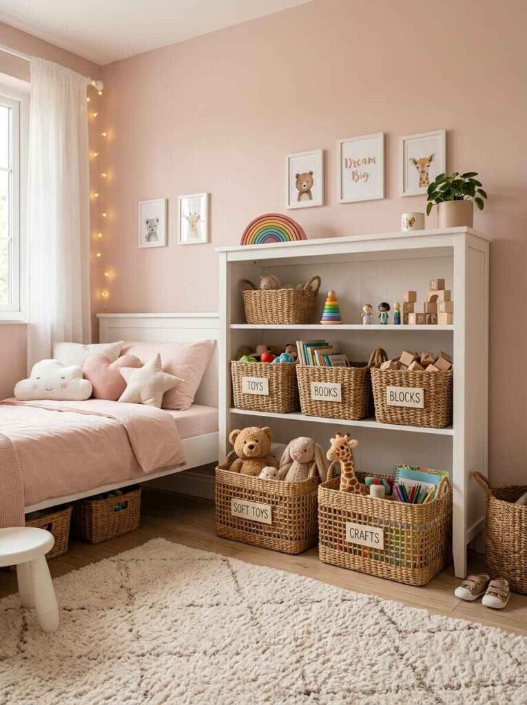 White storage bookshelf with labeled woven baskets for toys, books, and crafts in a soft pink kids bedroom.