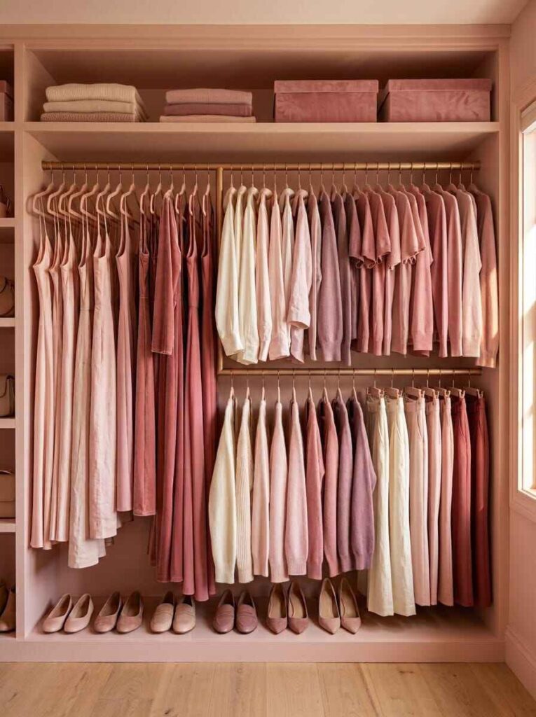 Small closet organized meticulously by clothing category and color gradient from light to dark blush pinks.