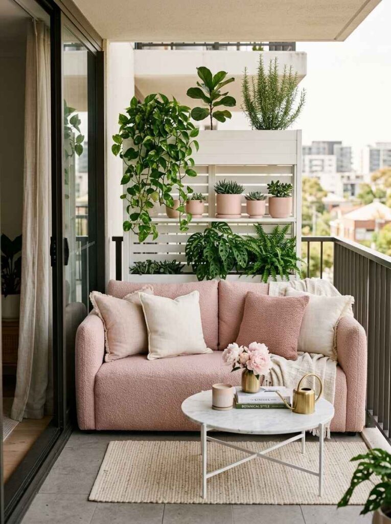 Pink outdoor sofa paired with a tall white slatted plant shelf acting as a room divider on a balcony.