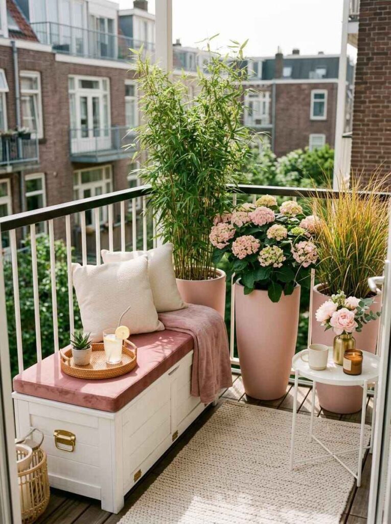 White outdoor storage bench with a pink cushion sitting next to tall potted plants on a narrow balcony.