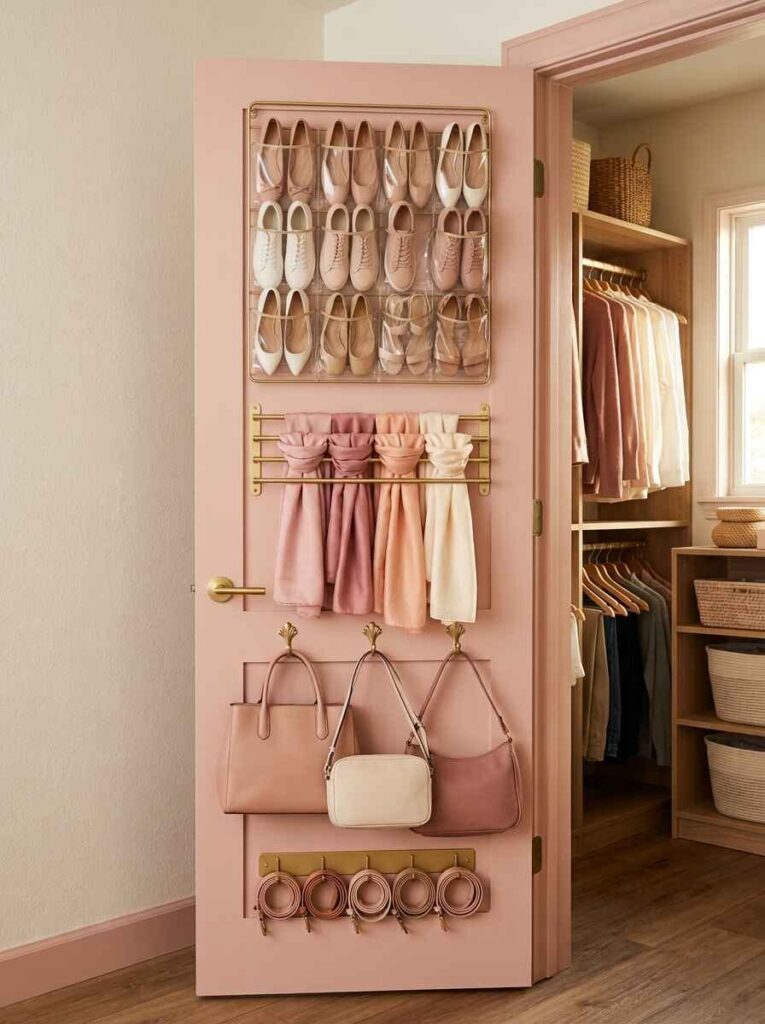 Pink closet door utilizing an over-the-door organizer for shoes, scarves, handbags, and hanging belt racks.