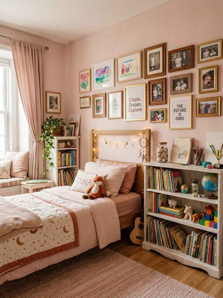 Personalized kids bedroom featuring a wood frame bed, colorful gallery wall with framed children drawings, and full book shelves.