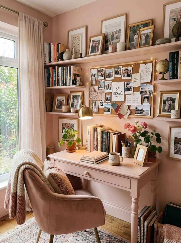 Personalized home office desk with a framed cork mood board, polaroid photos, book shelves, brass lamp, and pink velvet chair.