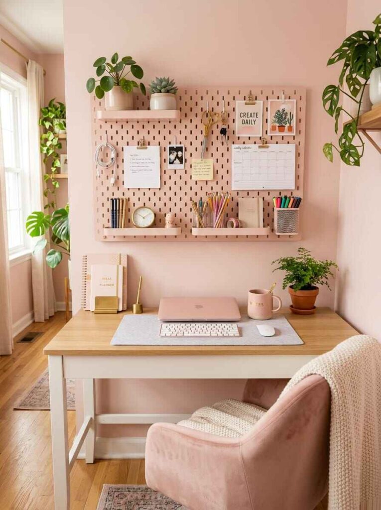 Pink wall pegboard with stationery shelves, calendar, notepad, and hanging plants above a clean wooden workspace.