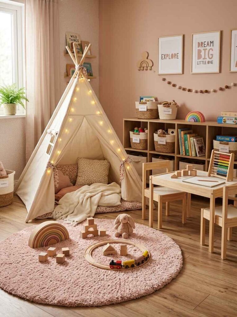Warm kids play nook with a canvas teepee tent, pink round rug, wooden activity table, and cube toy storage.