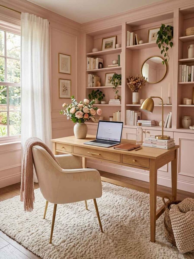 High-pile plush cream area rug under a wooden desk and beige armchair in a pink home office with built-in bookshelves.