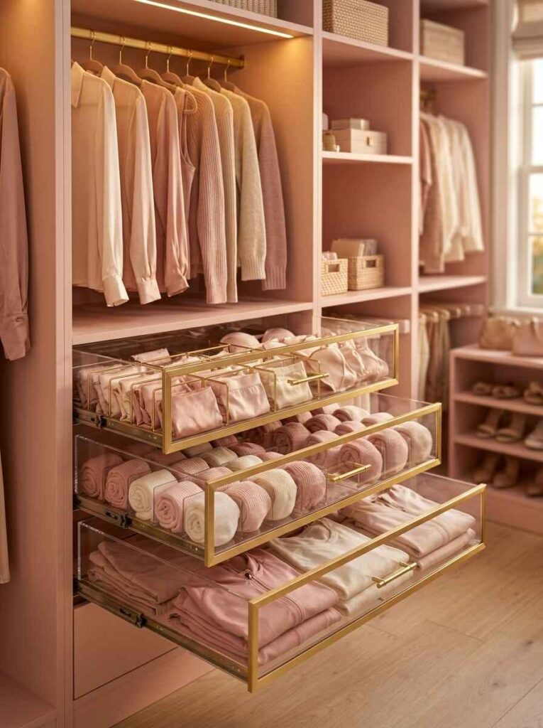 Transparent acrylic pull-out drawers organizing folded socks, underwear, and accessories inside a closet.