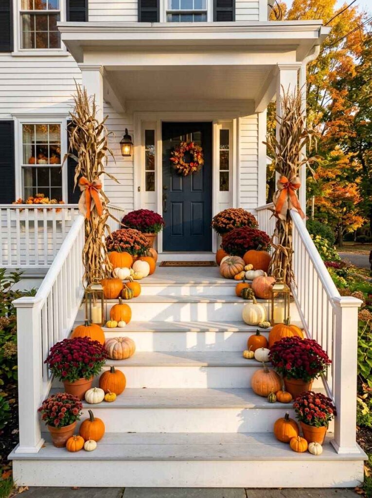 White front porch steps decorated with colorful potted mums, orange pumpkins, glowing lanterns, and corn stalks along railings.