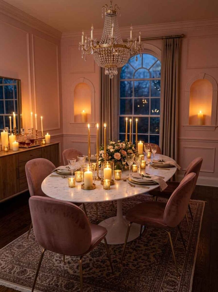Marble dining table set for dinner with tall brass taper candles, pillar candles, and a fresh floral arrangement.
