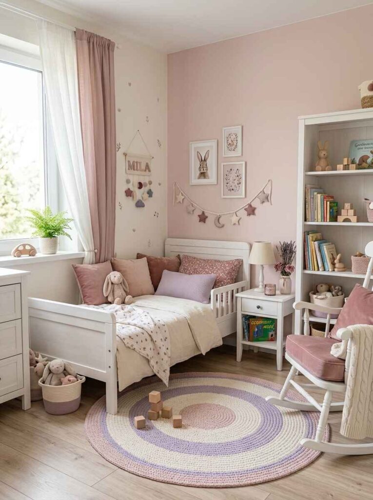 Soft pink toddler bedroom with white wooden bed, pastel striped round rug, white rocking chair, and star garland.