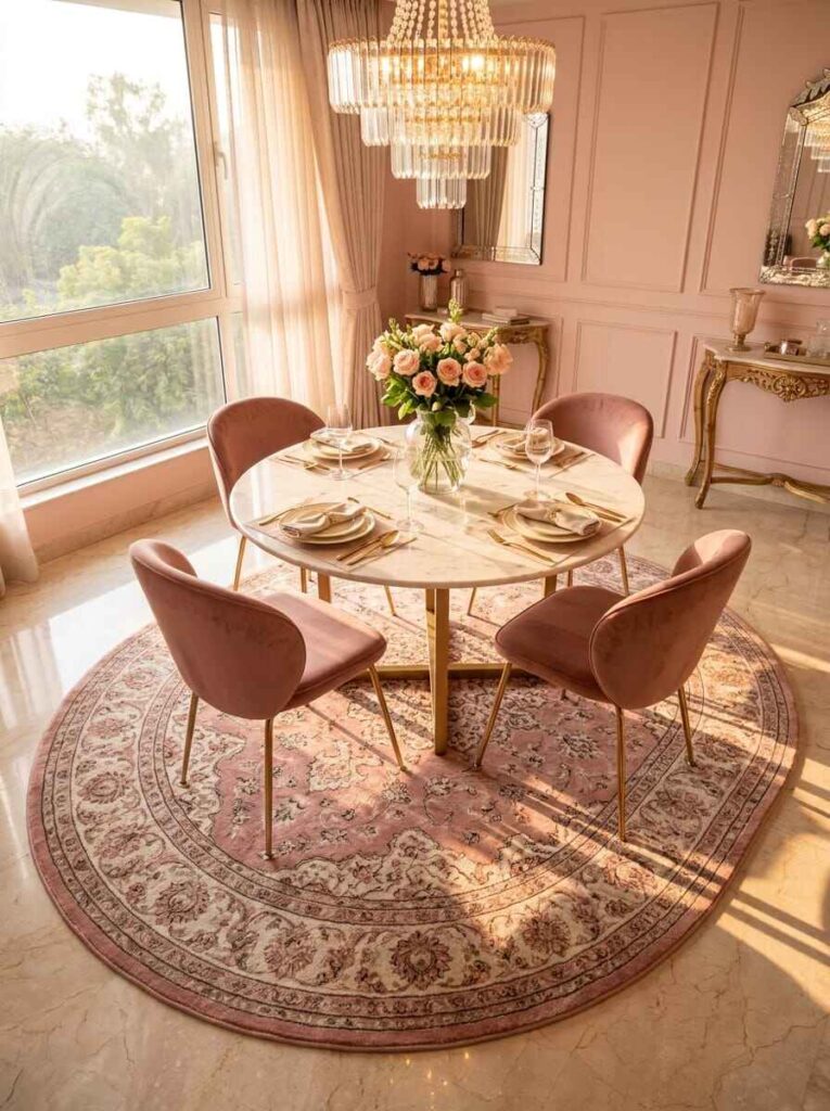 Large round pink pattern rug placed beneath a marble dining table and velvet chairs.